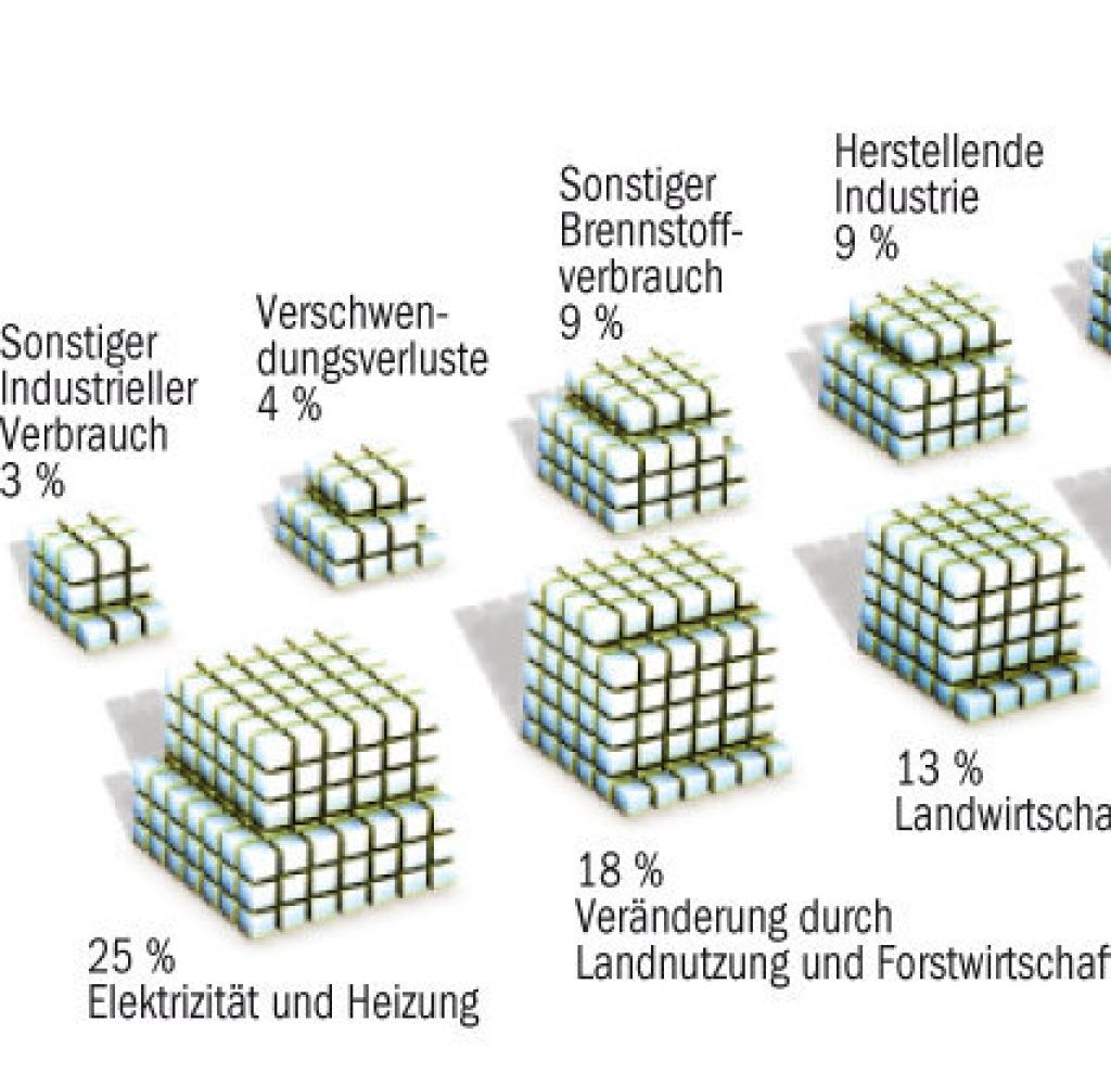 Klimasünder: Ein Viertel aller Kohlendioxidemissionen stammt aus Elektrizitätswerken und aus Heizungen. Der zweitgrößte Posten geht nicht etwa auf Industrie oder Verkehr zurück, sondern auf die massiven Veränderungen in der Landnutzung. Vor allem das Brandroden der tropischen Regenwälder lässt viele Millionen Tonnen an Kohlendioxid in die Atmosphäre entweichen.