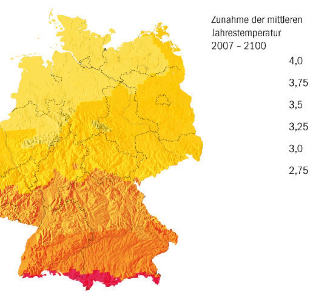 Wärmer wird es vor allem im Süden Deutschlands. Die Temperaturen steigen bis 2100 in Bayern und Baden-Württemberg besonders stark an. Dort fällt auch mehr Regen, während es im Nordosten noch trockener wird.