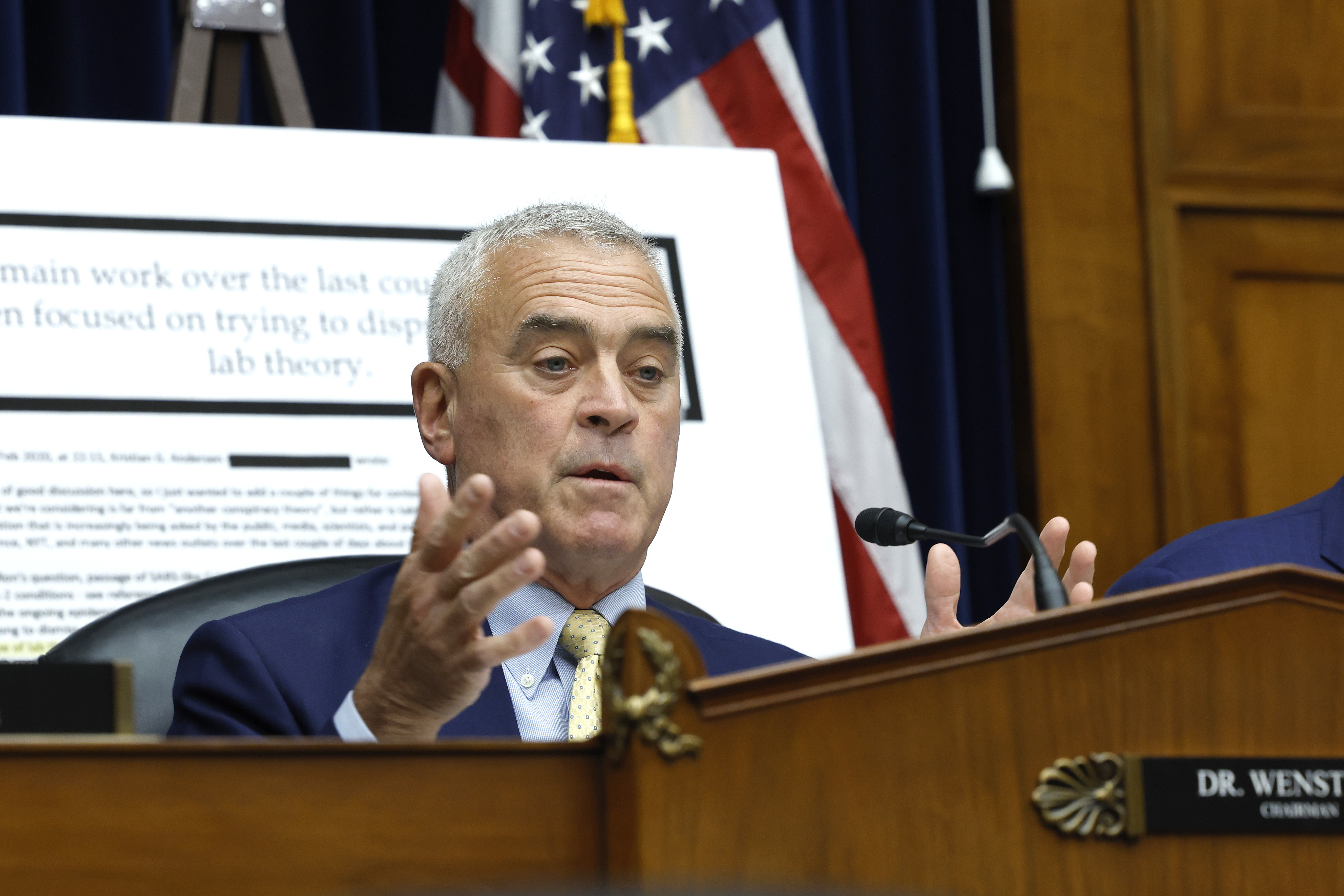 WASHINGTON, DC - JULY 11: Chairman Brad Wenstrup (R-OH) speaks at a hearing with the Select Subcommittee on the Coronavirus Pandemic on Capitol Hill on July 11, 2023 in Washington, DC. Members of the committee met to hear testimony from medical researchers on the origins of Covid-19. (Photo by Anna Moneymaker/Getty Images)